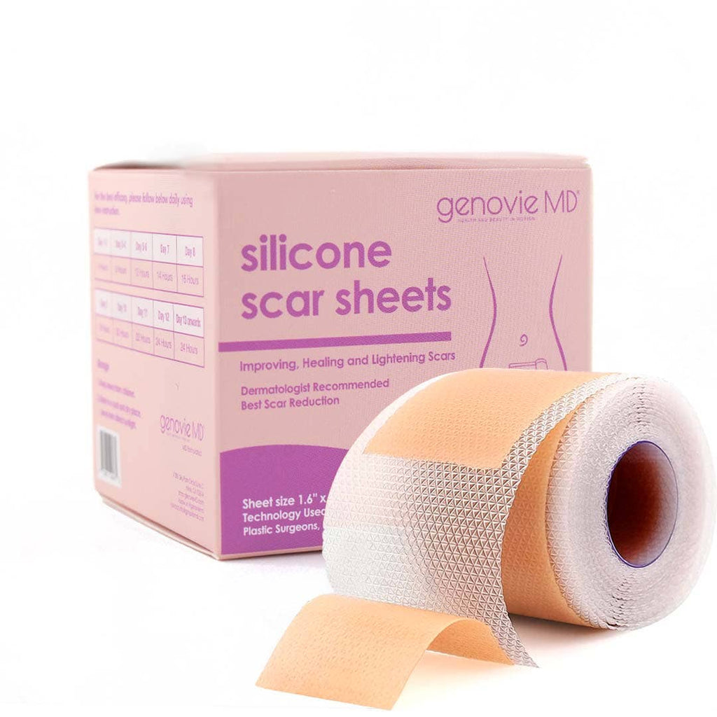 A roll of silicone scar sheets labeled for healing and lightening scars, partially unrolled to show its flexible design.