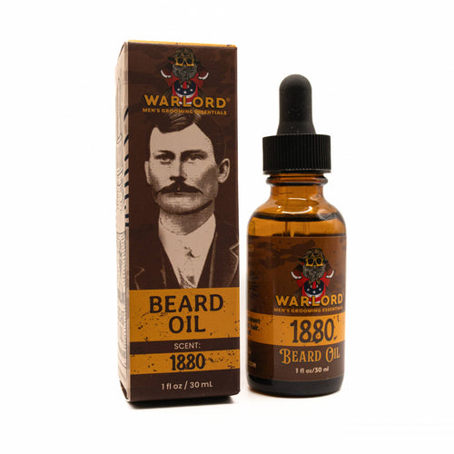 Brown glass bottle of 1880 Beard Oil with dropper cap, labeled for men's grooming essentials.