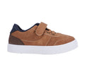 Sporty brown and navy Kayden sneakers featuring hook & loop closure and elastic laces, perfect for active boys.
