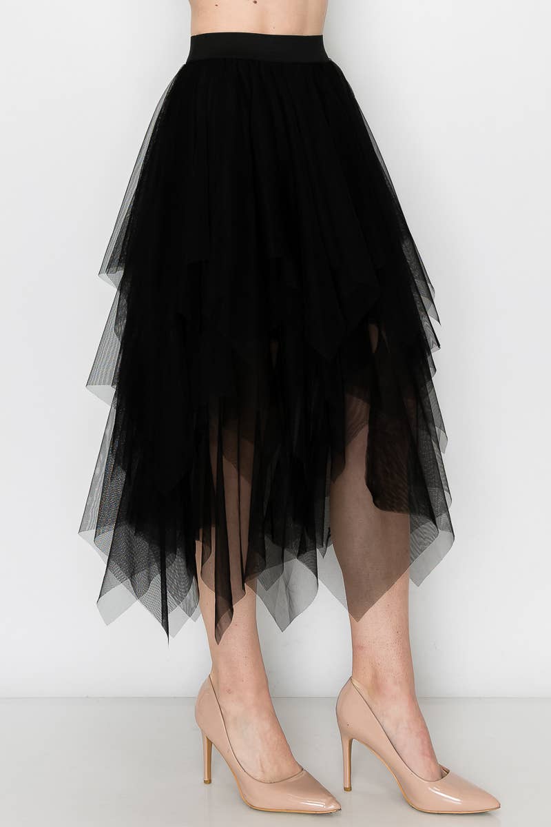 Origami Apparel ~  Lace and Crochet inspired - Dreamy Tiered Tulle Midi Skirt With Floaty Hem - 4546 BK