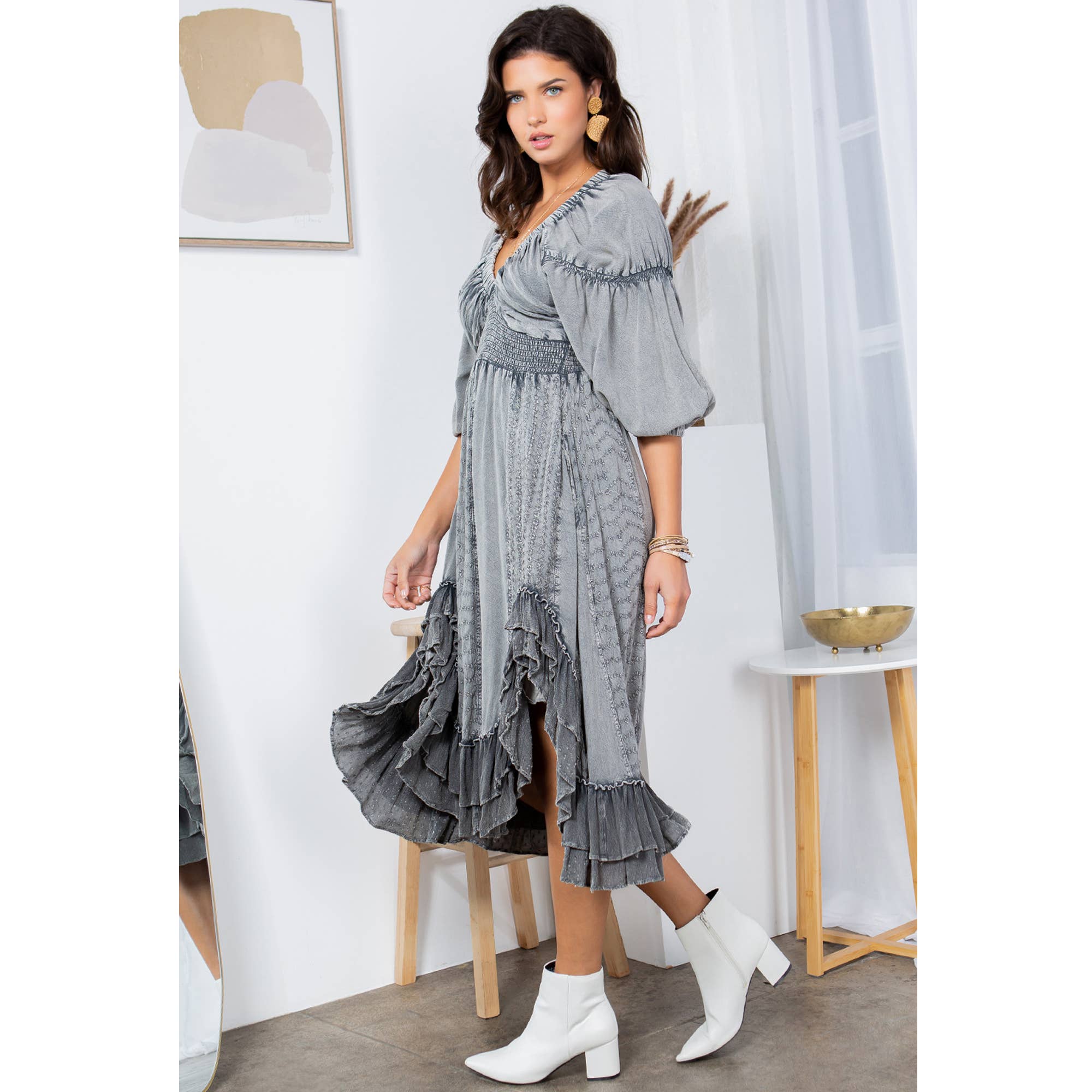 Young Threads - Effortless Elegance: Sheared & Elasticated V-Neck Dress