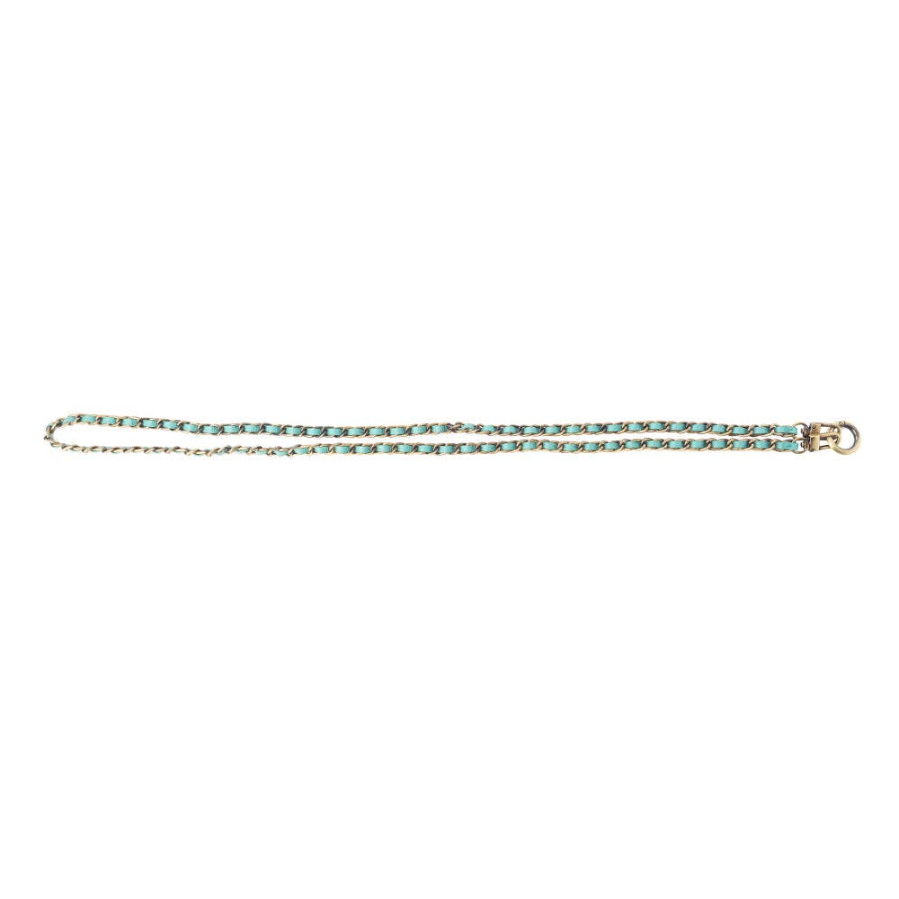Teal and silver twisted phone chain with a southwestern design, featuring alternating links and a clasp for hands-free use.