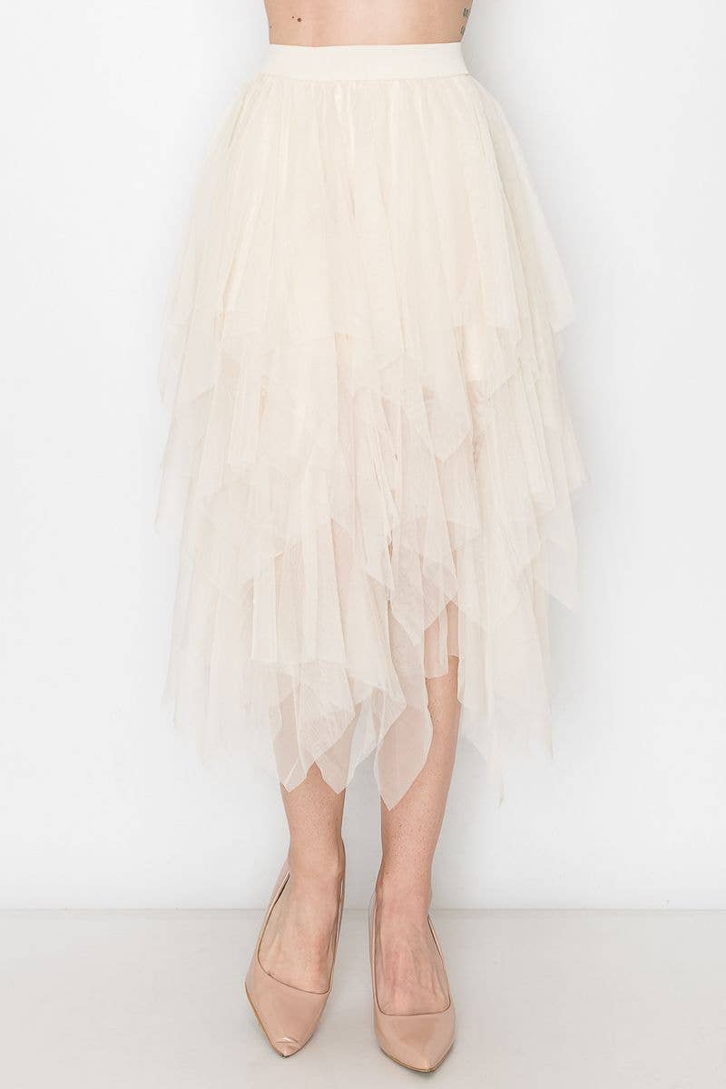 Origami Apparel ~  Lace and Crochet inspired - Dreamy Tiered Tulle Midi Skirt OLS - 4546 BEIGE