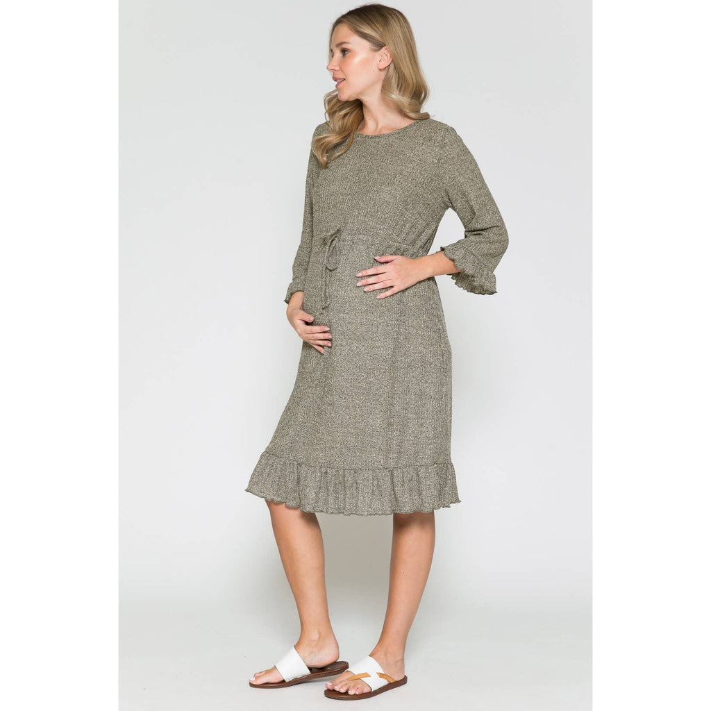 Story Teller - Women's Maternity Waist Tie Ruffle Sleeve Hem Midi Dress