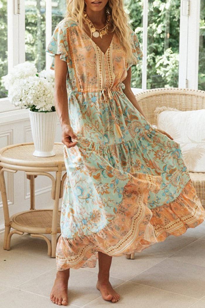 Rosa Clothing - Bohemia Border Print Flutter Sleeve Maxi Dress