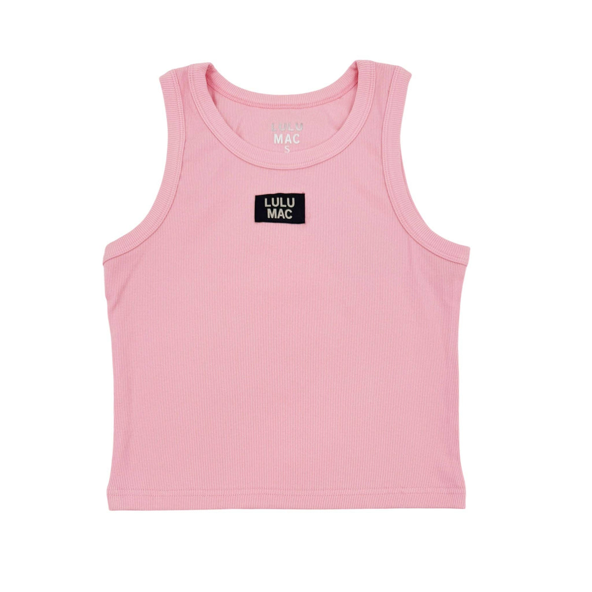 Solid light pink Lulu Mac tank top featuring a sleeveless design and round neckline, showcasing a classic cut.