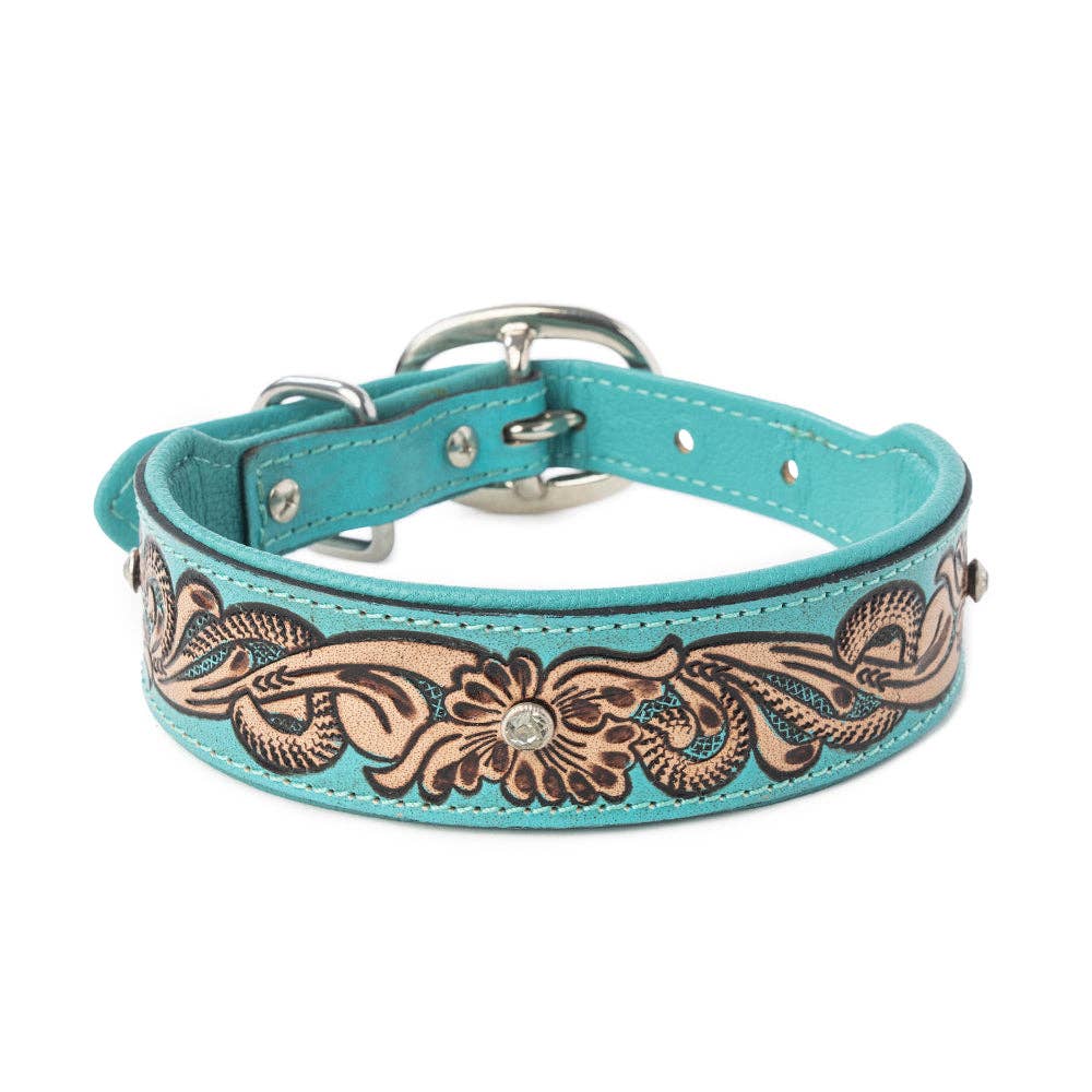 Turquoise dog collar featuring hand-tooled floral designs and sparkling crystal accents, perfect for stylish pets.