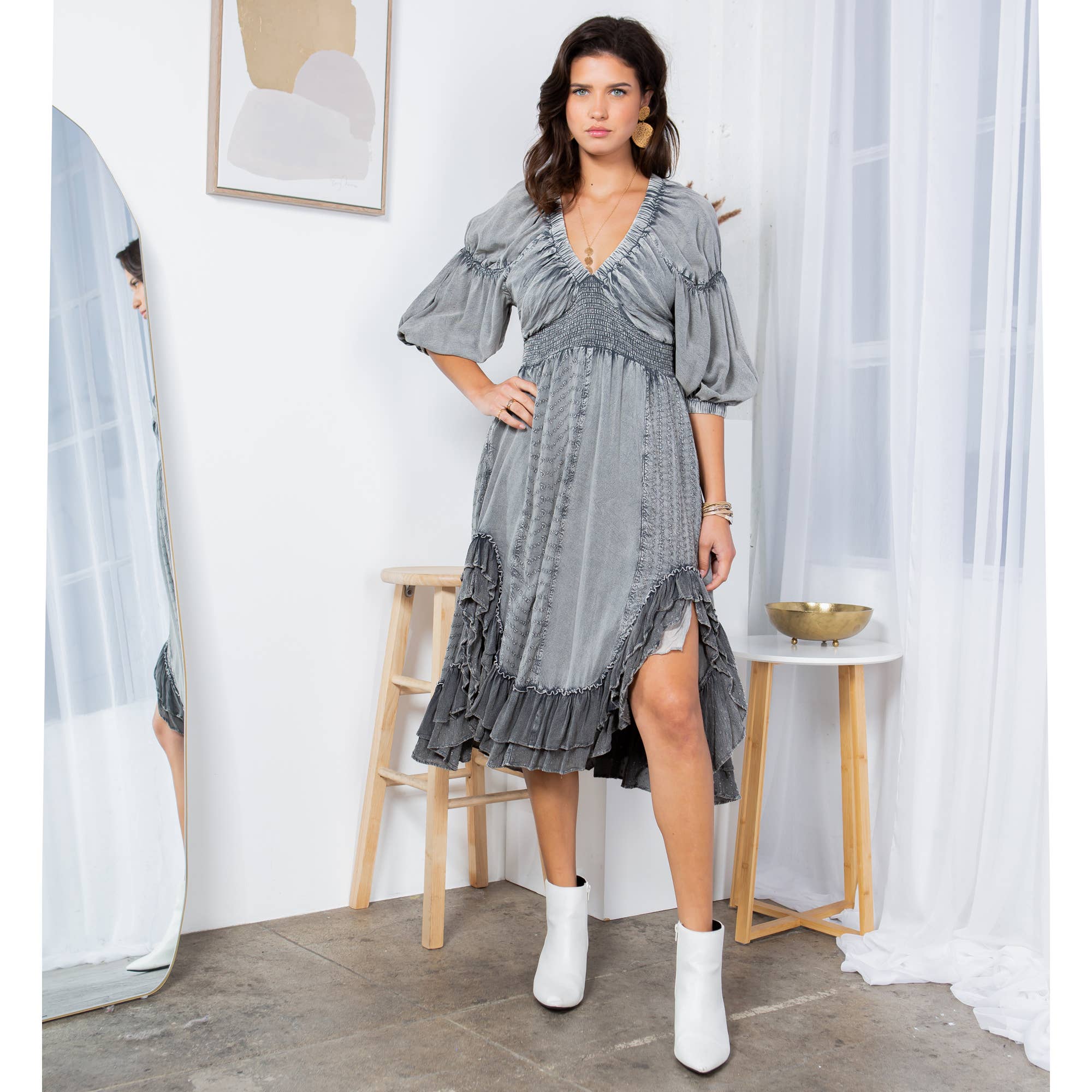 Young Threads - Effortless Elegance: Sheared & Elasticated V-Neck Dress