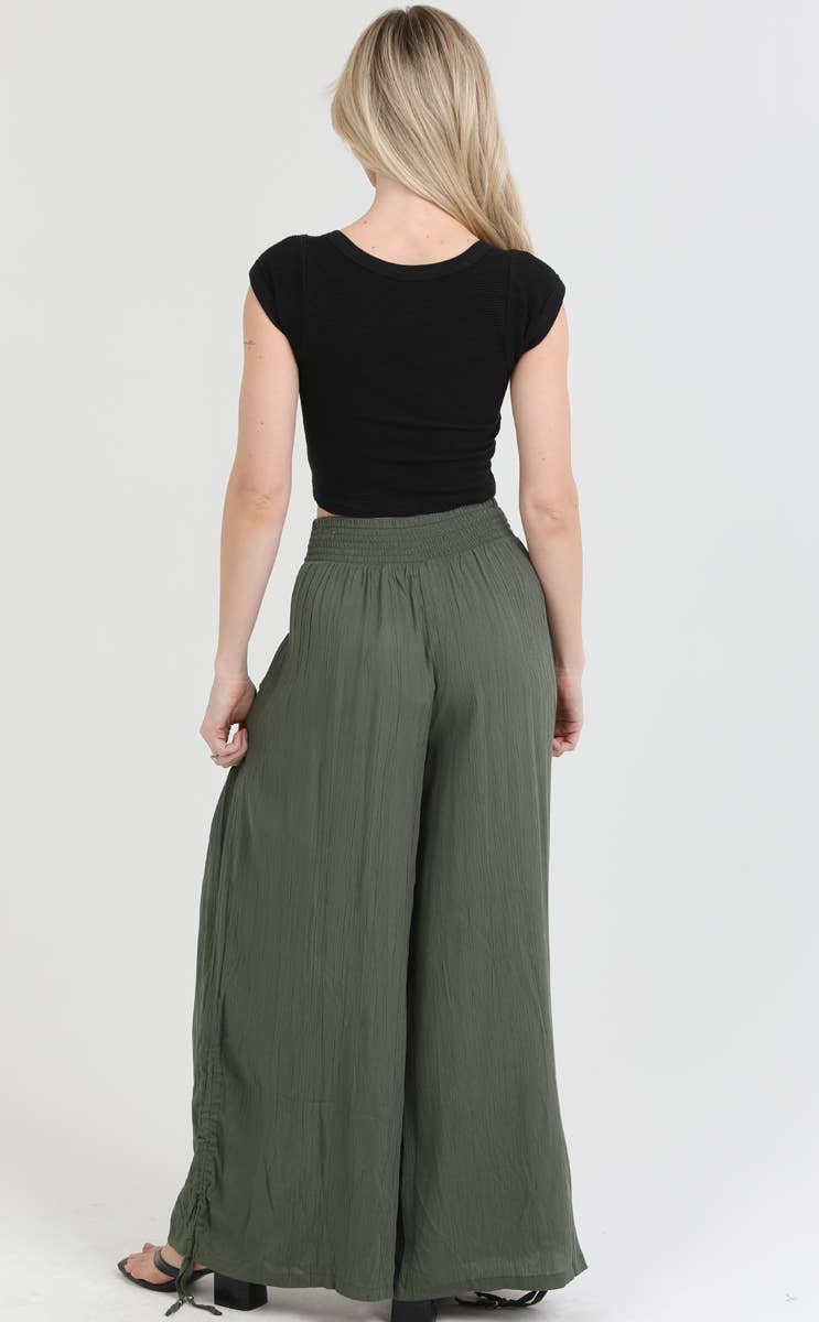ANGIE - B3710-ASIS SIDE CINCH WIDE LEG PANTS WITH SMOCKED WAIST AND