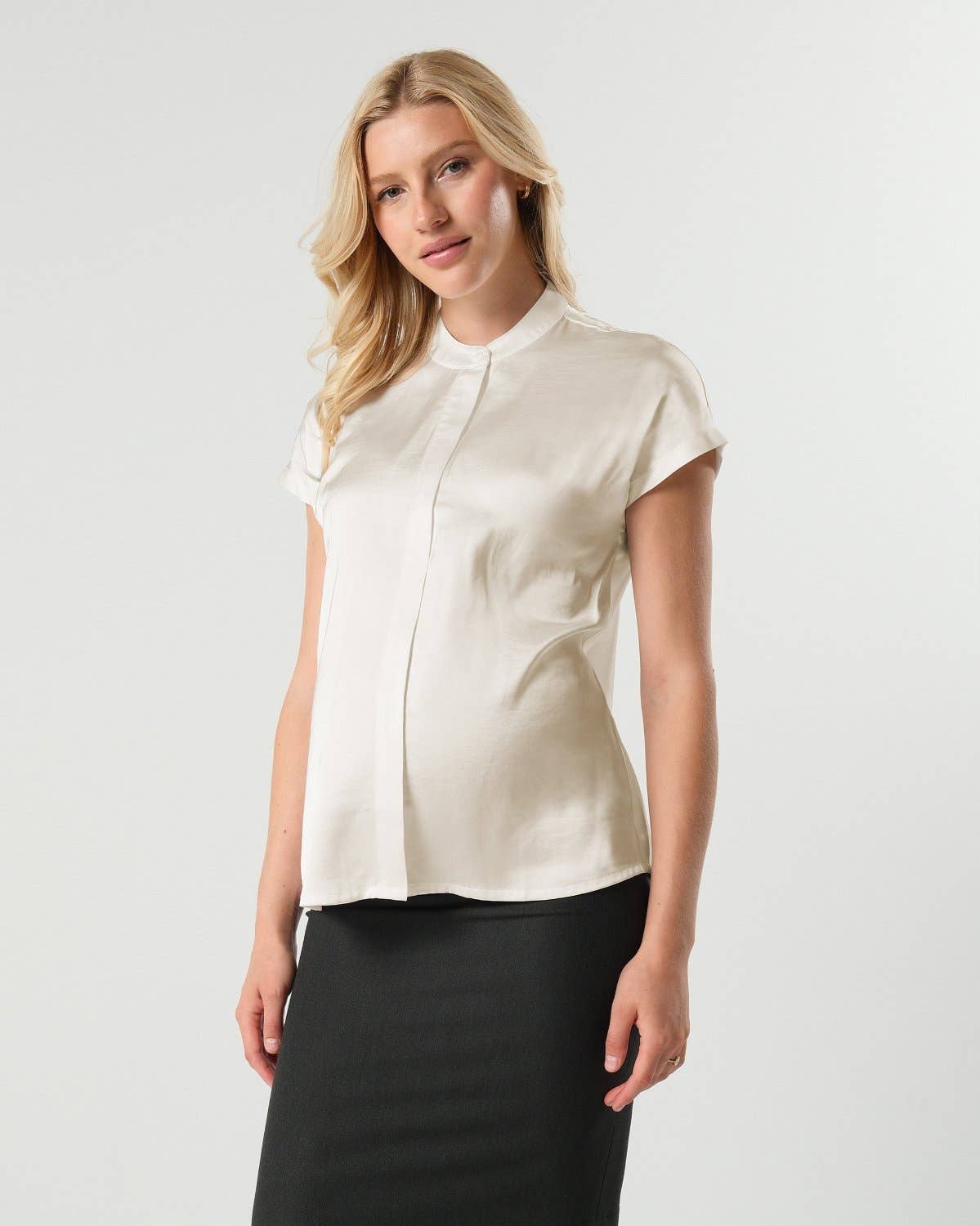 MARION - Short Sleeve Satin Maternity Shell Top with Concealed Nursing Zip