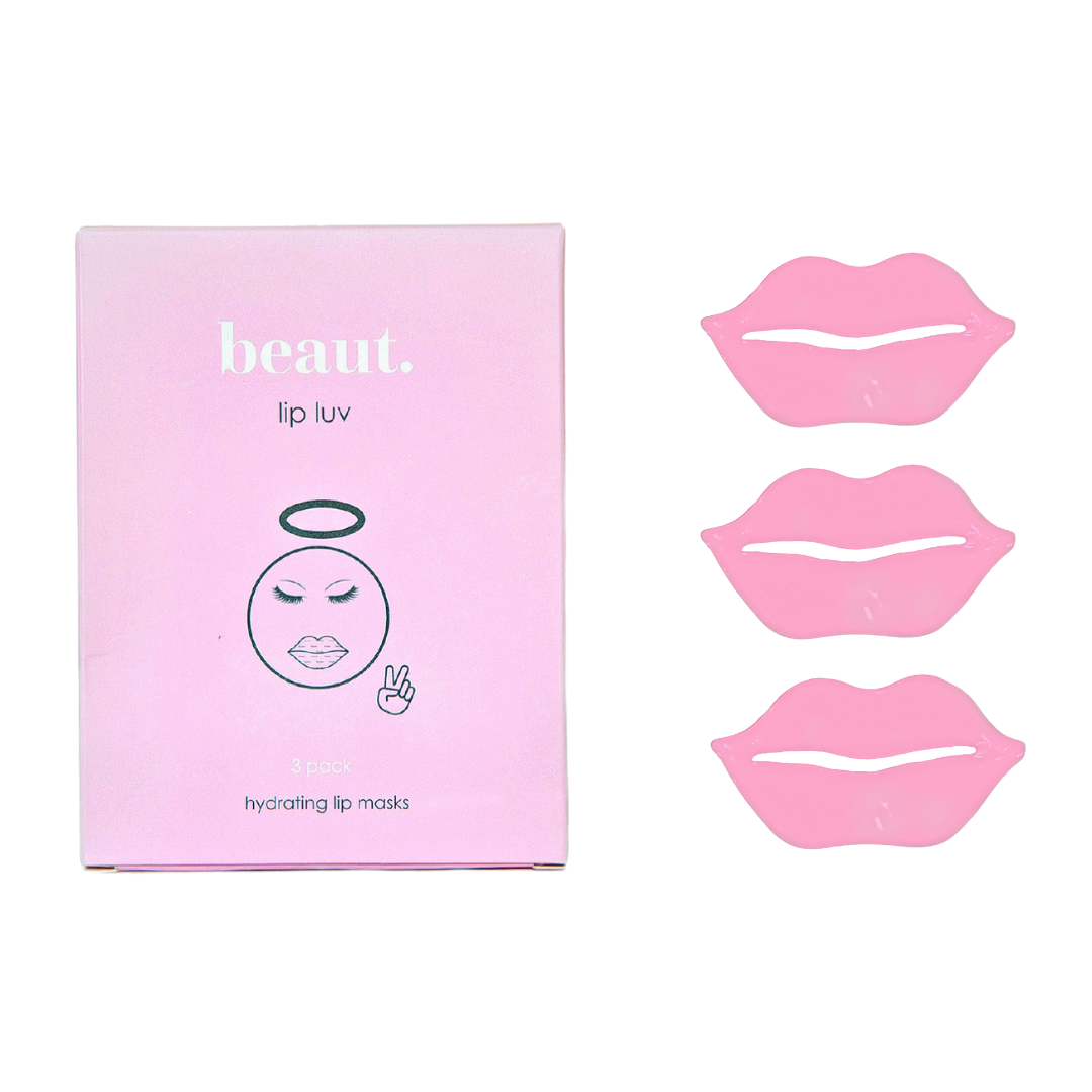 Three pink lip-shaped masks in a box labeled Lip Luv, designed for hydrating and smoothing lips.