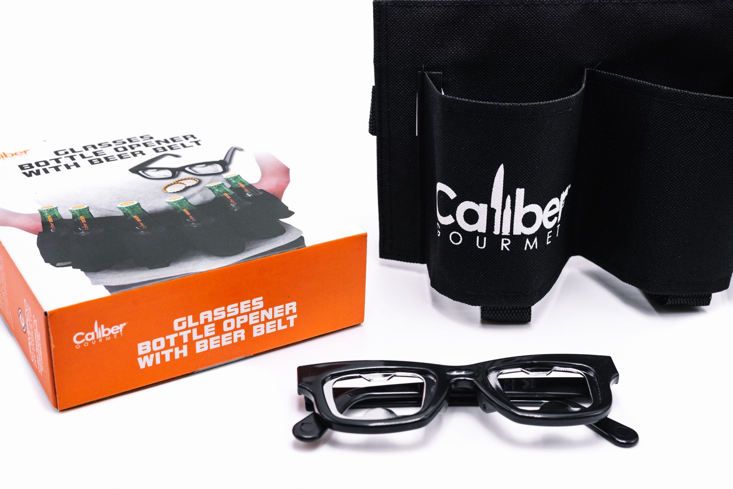 Glasses bottle opener and beer belt with compartments for holding multiple cans or bottles, featuring an orange and black design.