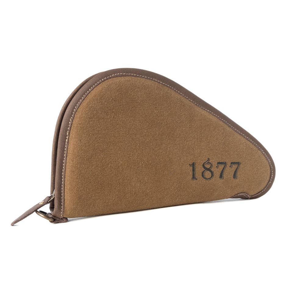 Curved silhouette gun case in muted olive with leather edging and printed 1877 heritage detail. Perfect for protection.