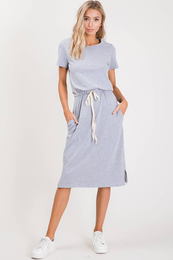 7th Ray - Everyday Drawstring Waist Side Pocket T-Shirt Dress D2465
