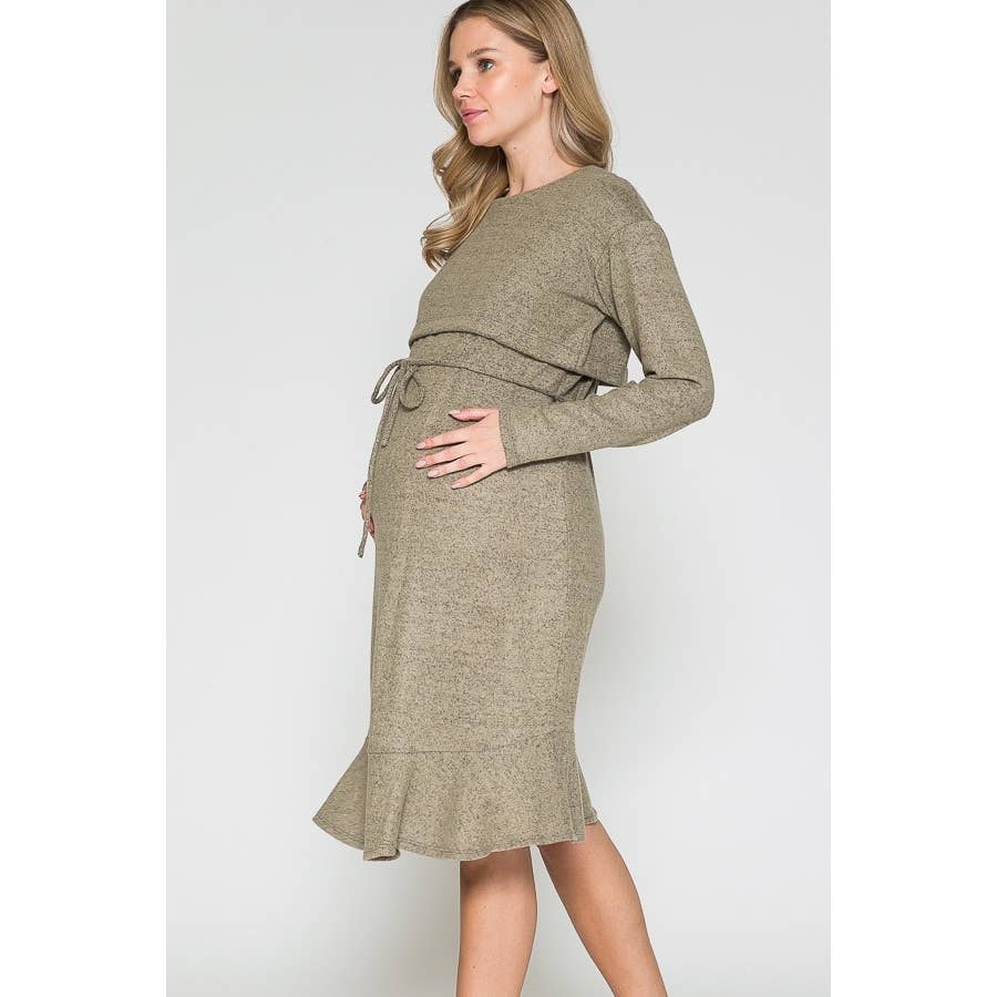 Story Teller - Maternity Waist Tie Wrap Ruffle Hem Knee Length Rib Dress