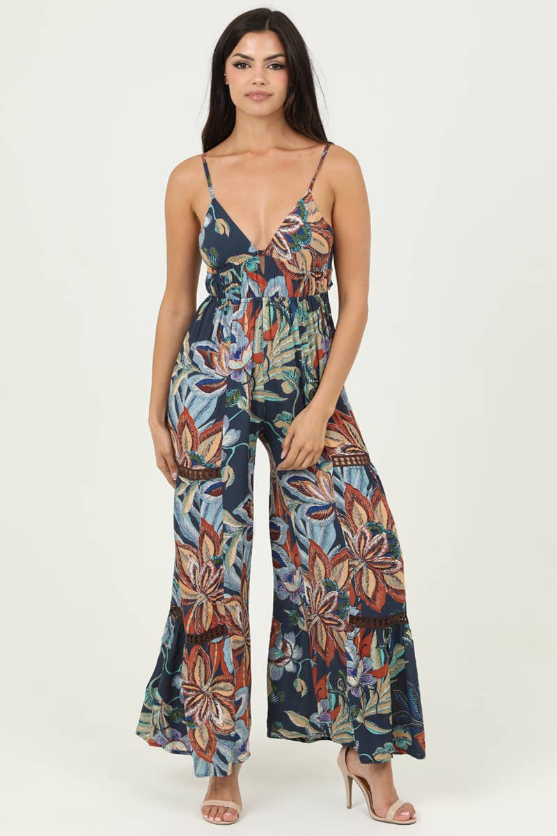 ANGIE - B5A99-FQ60 V NECK OPEN TIE BACK WIDE LEG WITH LACE INSET JUM