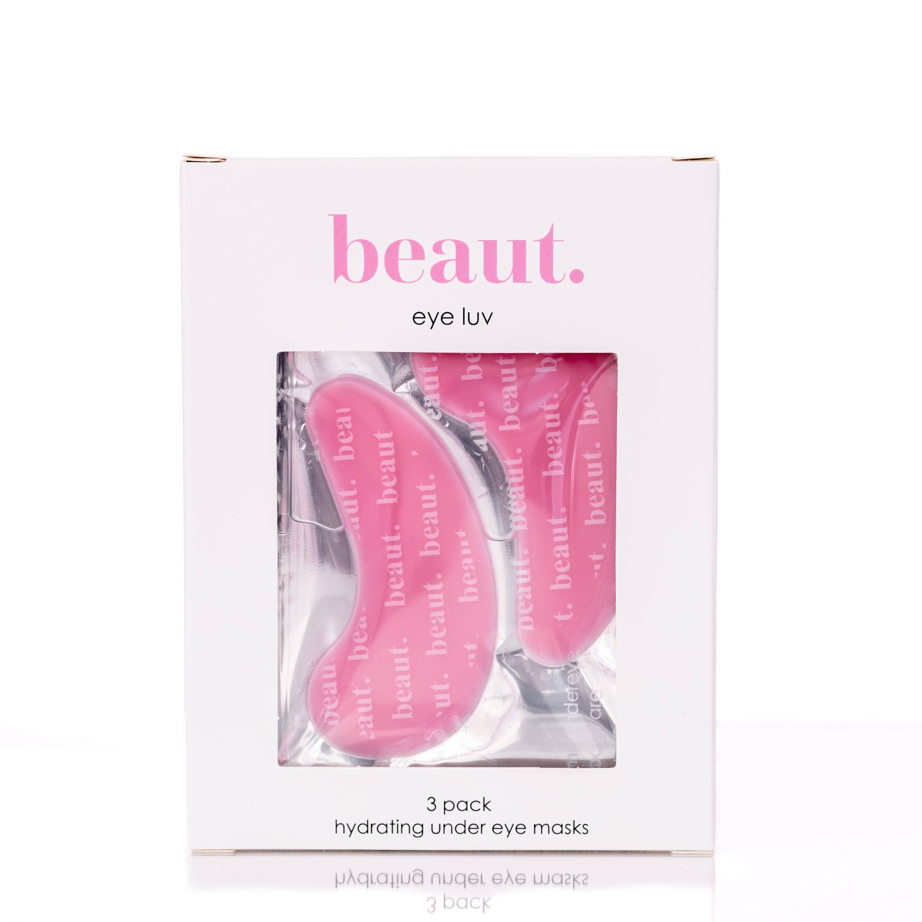 Box of Eye Luv hydrating under eye masks in a pink and white color scheme, showing three masks designed for under-eye care.
