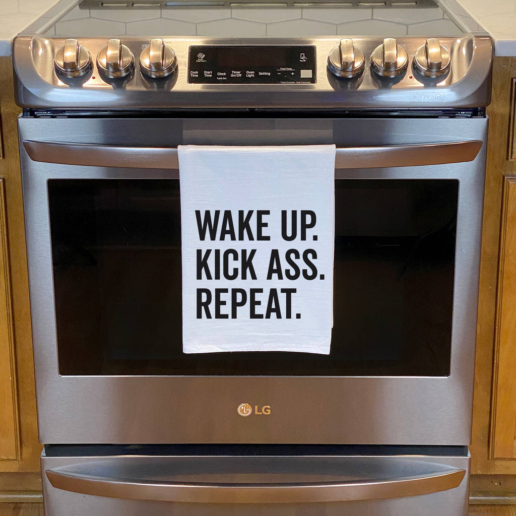 RubiaRojo - Wake Up. Kick Ass. Repeat. Inspirational Kitchen Tea Towel