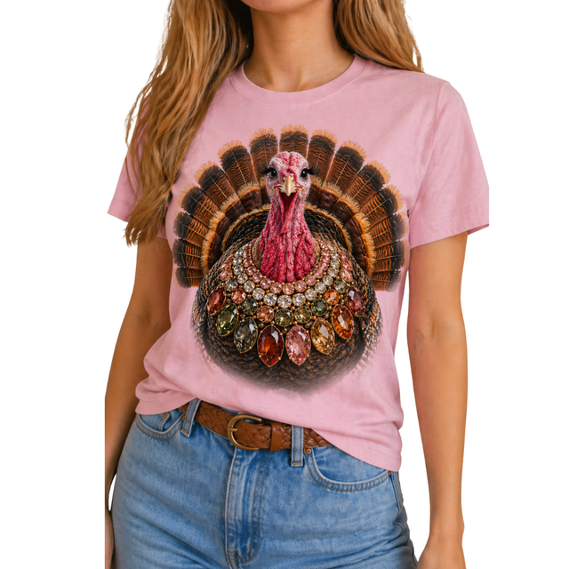Light pink crew t-shirt featuring a turkey design with a jeweled collar, perfect for Thanksgiving celebrations.