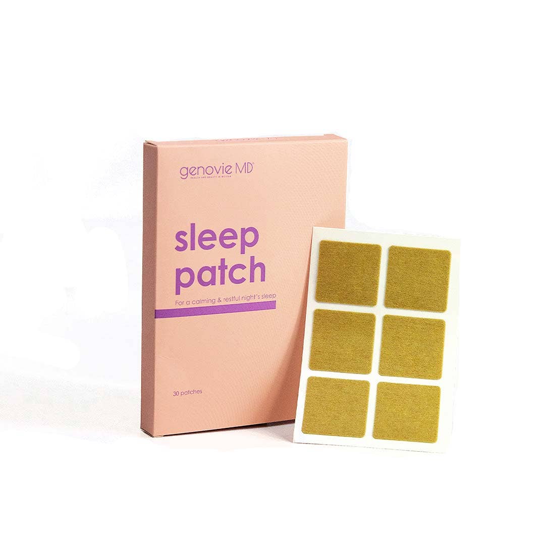 Light tan sleep patches arranged in a grid on a sheet, featured in a pink box labeled 'sleep patch' by GenovieMD.