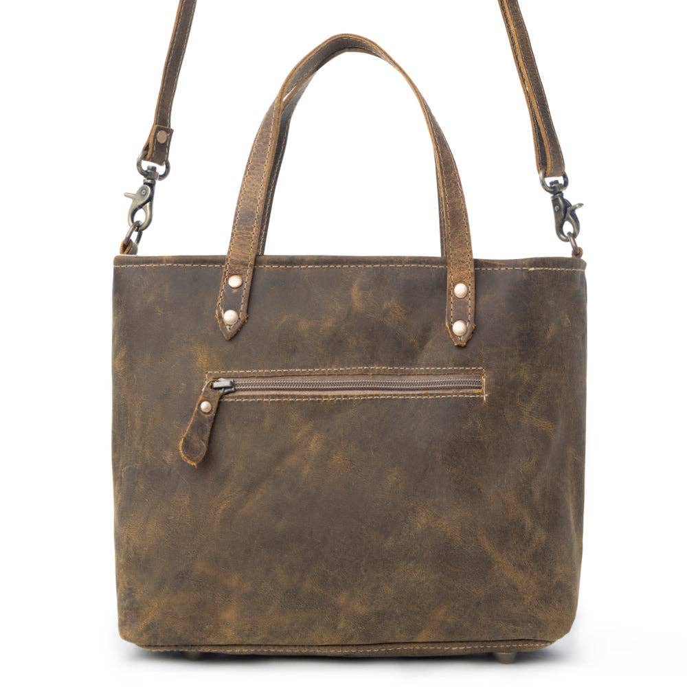 Dark brown handbag with textured material, short handles, long shoulder strap, and zippered front pocket.
