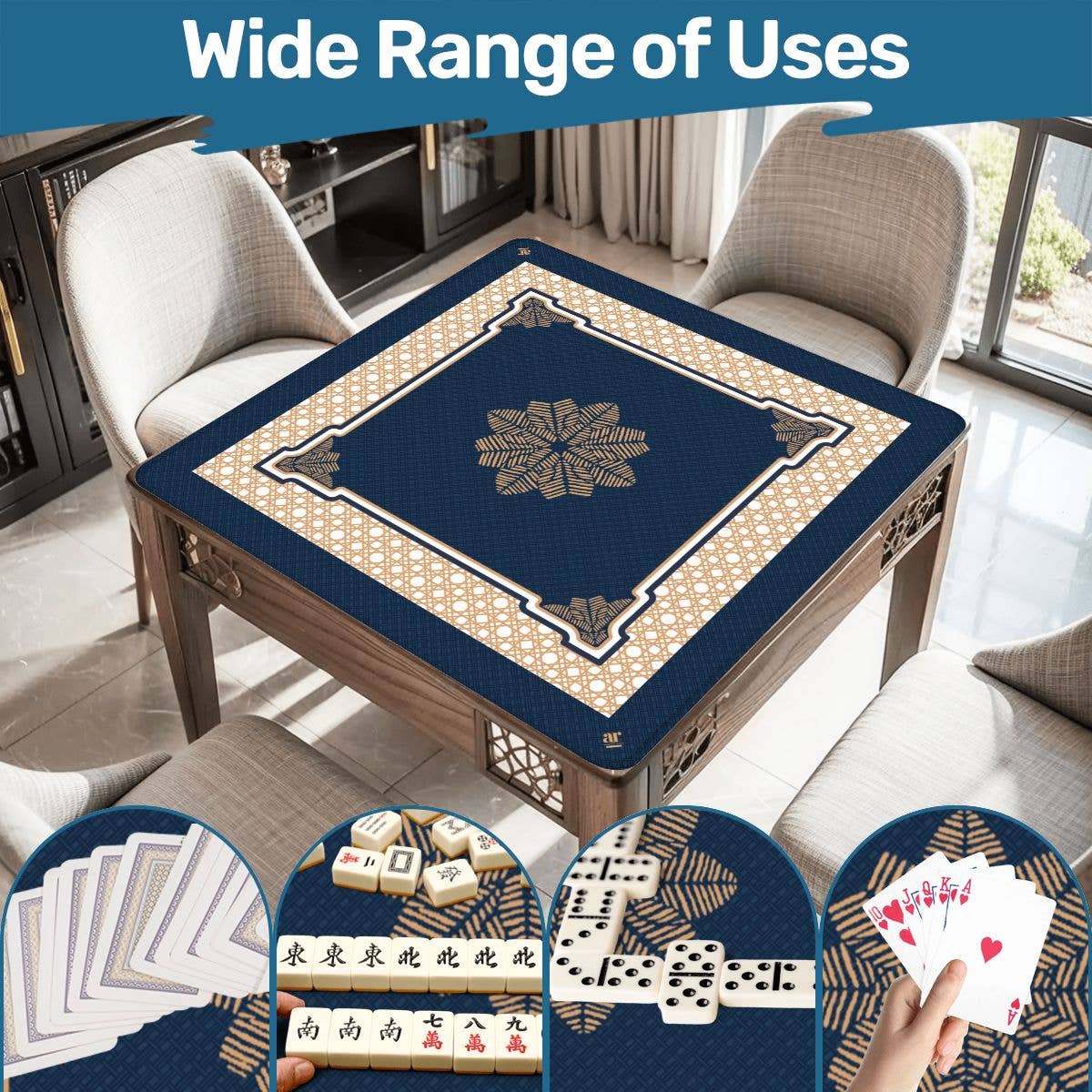 Navy Manor Mahjong Mat featuring a geometric design and cane webbing-inspired border, surrounded by Mahjong tiles and cards.