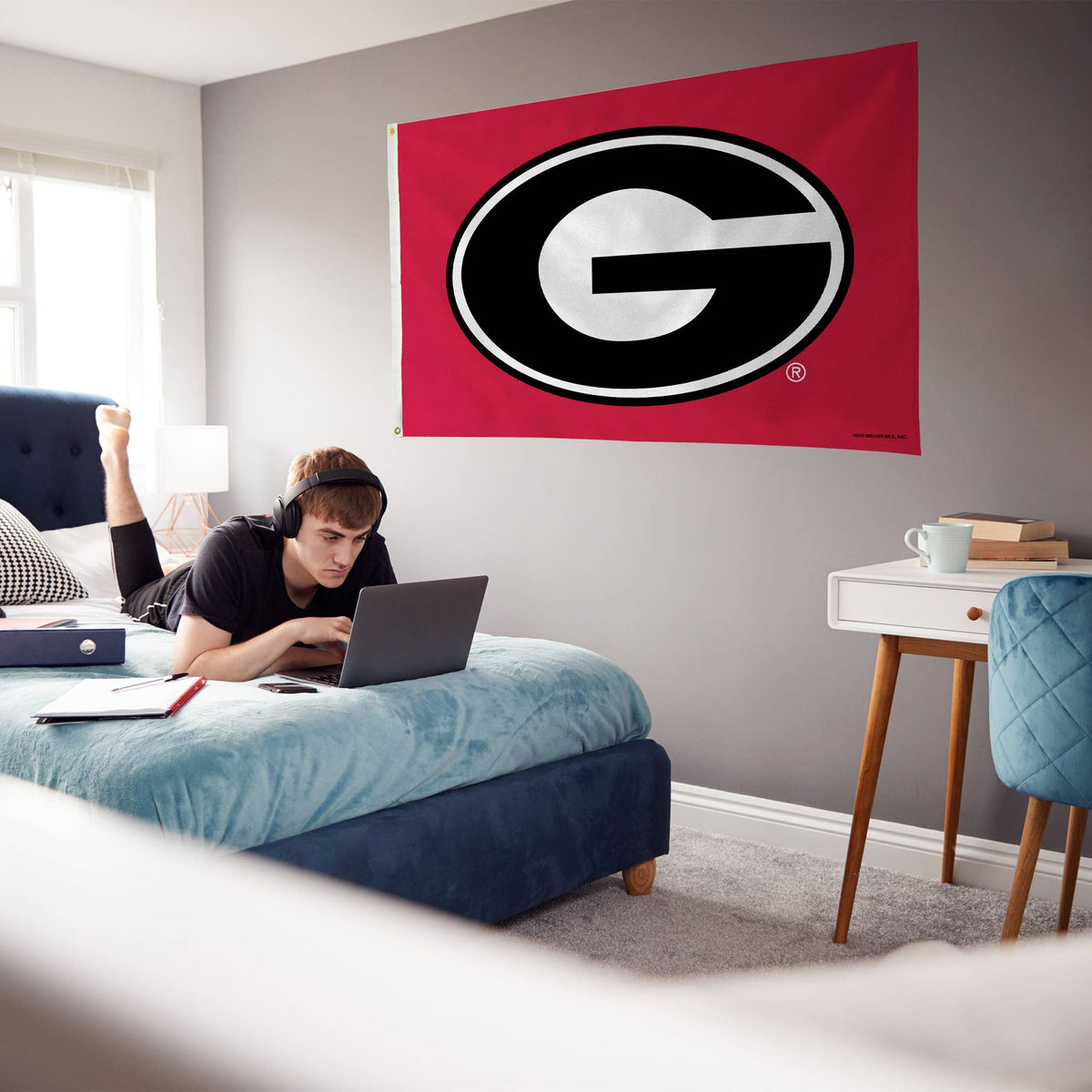 A Georgia Oval G banner flag displayed on a wall, showcasing bright graphics and a circular emblem, perfect for team pride.
