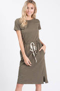 7th Ray - Everyday Drawstring Waist Side Pocket T-Shirt Dress D2465