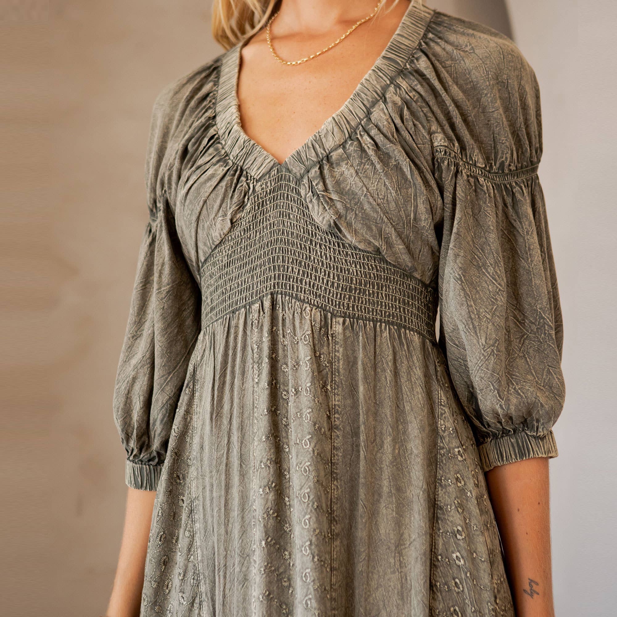 Young Threads - Effortless Elegance: Sheared & Elasticated V-Neck Dress