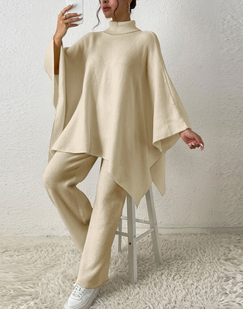 Whisper Mint - Creamy White Oversized Turtleneck Knit Poncho+Knit Pant