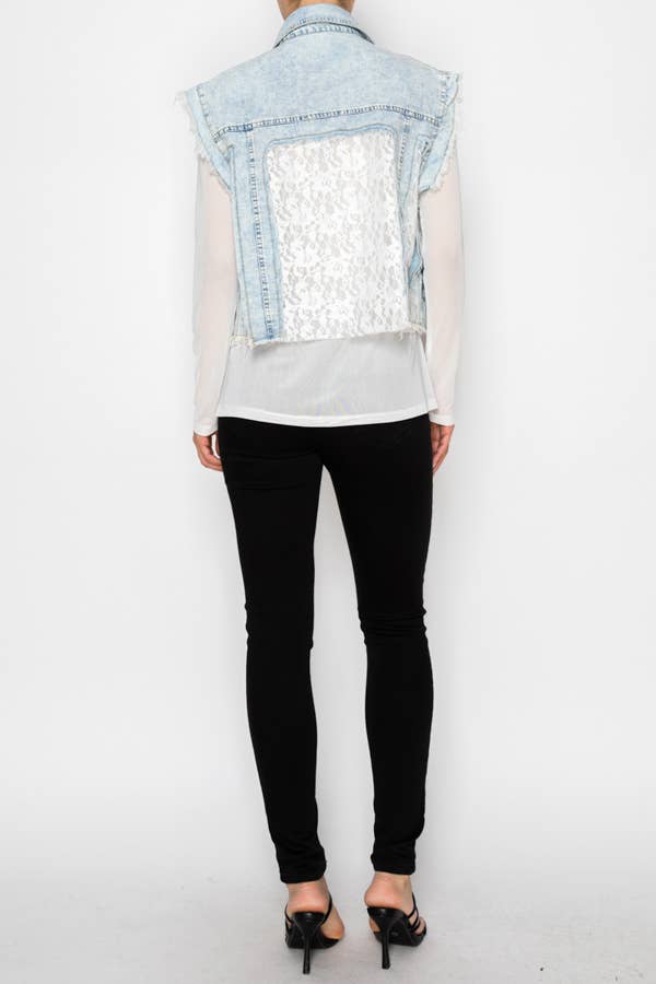 Edgy Cropped Denim & Lace Vest