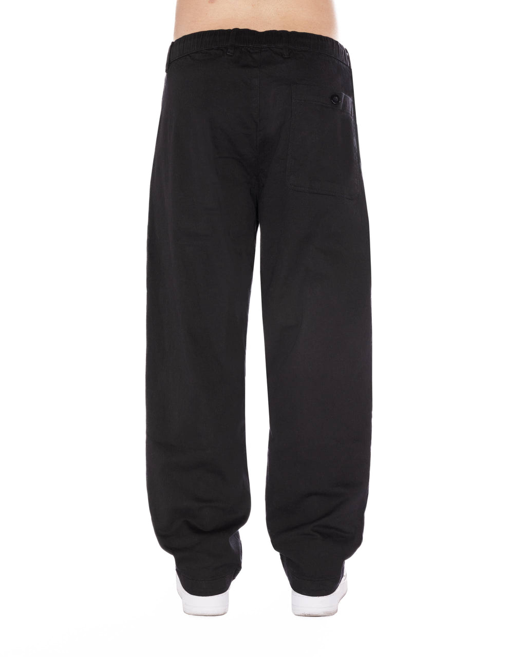 Black relaxed fit cotton pants with an elastic waistband, drawstring, and a single back pocket for easy style and comfort.