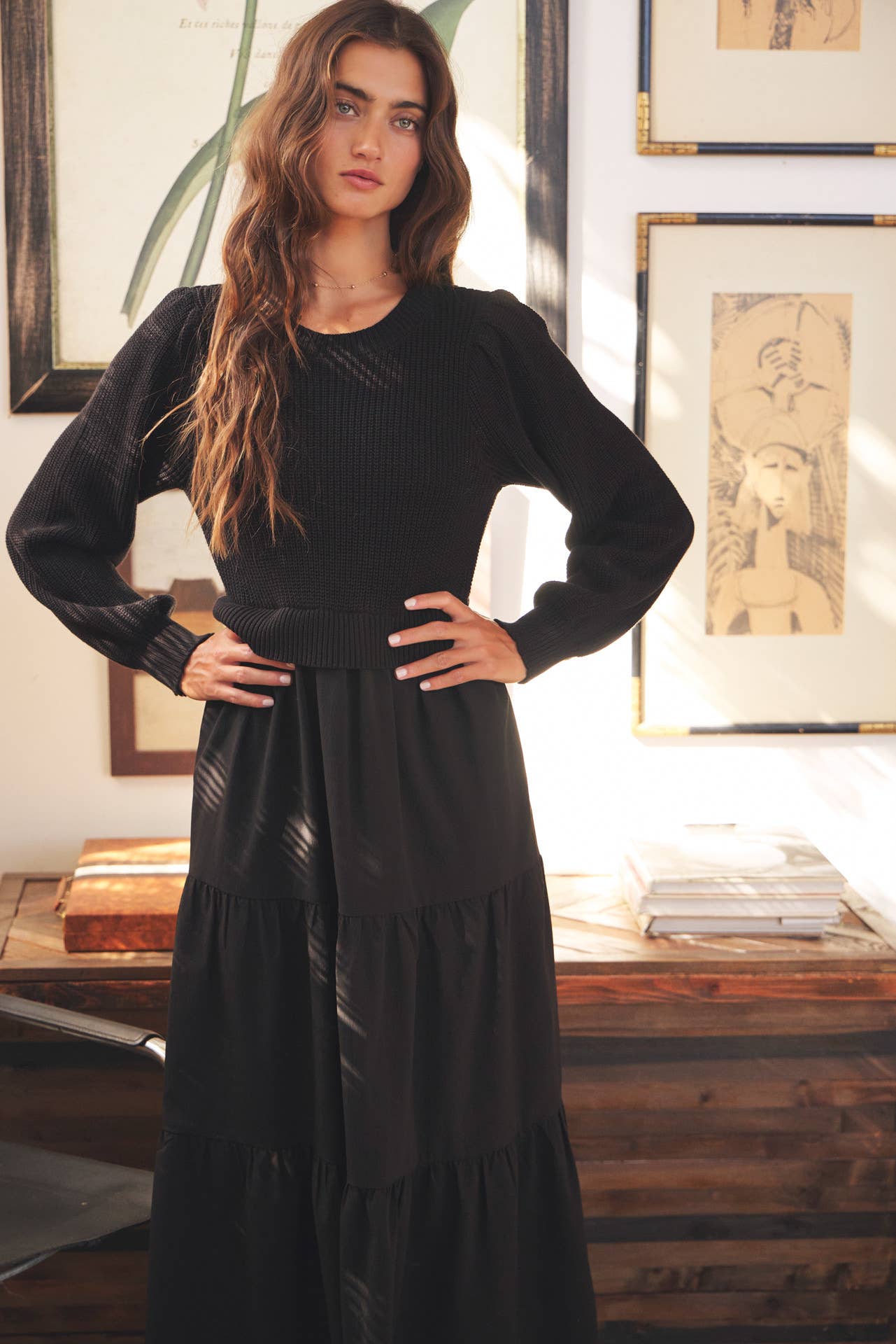 in february - SPECIAL MIXED MEDIA SWEATER MIDI DRESS WITH TIERED RUFFLES