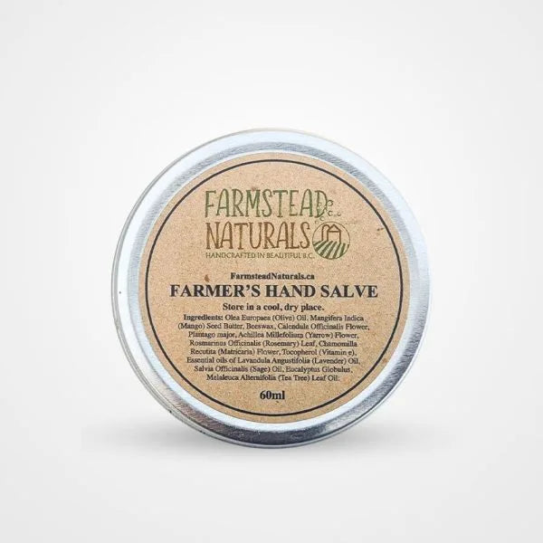 Round metal tin of Farmer's Hand Salve with a beige label, designed for soothing dry and cracked skin.