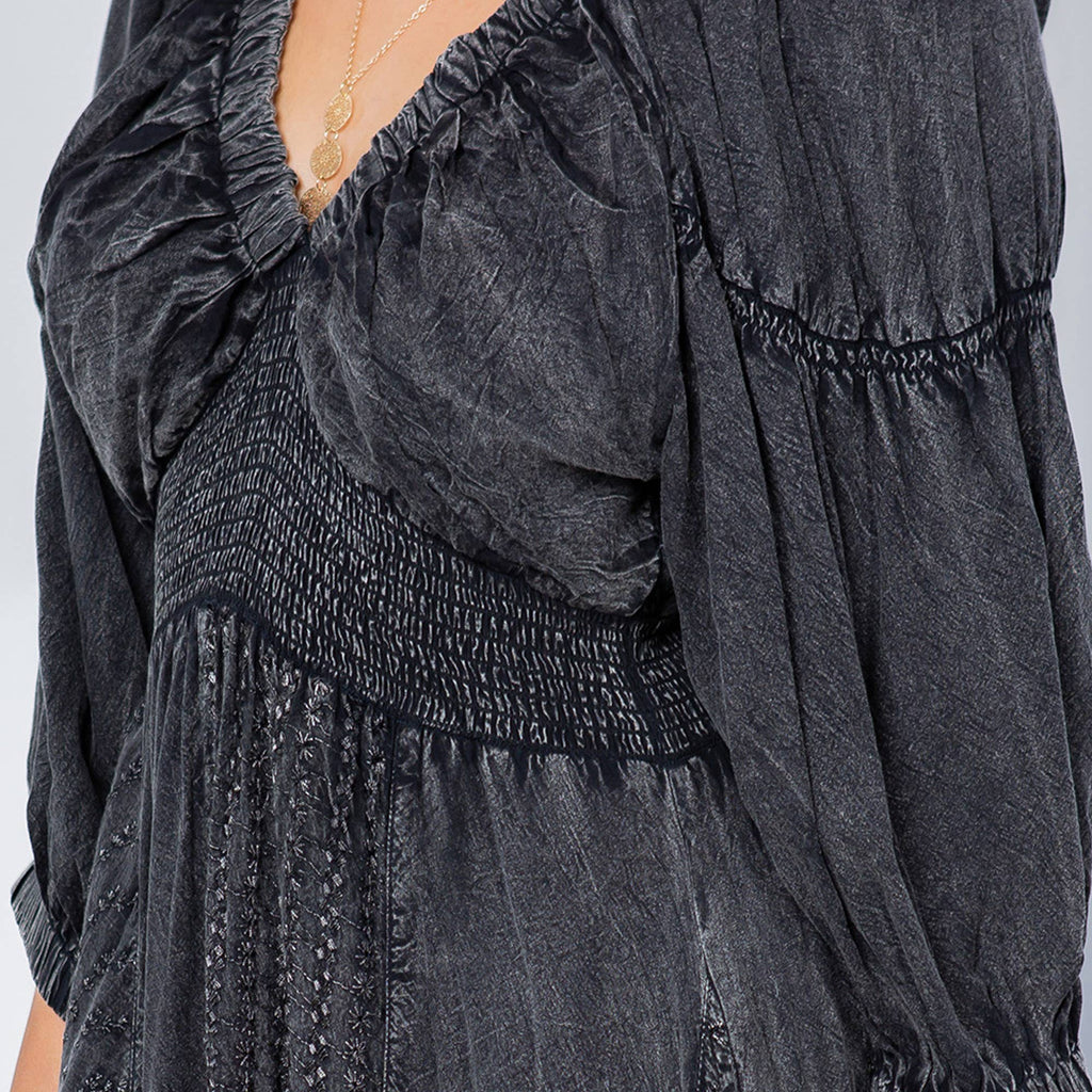 Young Threads - Effortless Elegance: Sheared & Elasticated V-Neck Dress