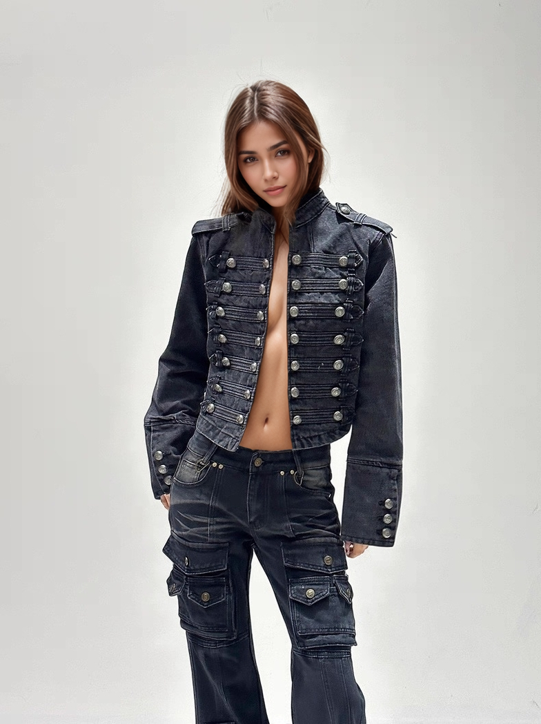 Productseeker - JK99Y Retro Black Washed Denim Straight Shoulder Short Jacke