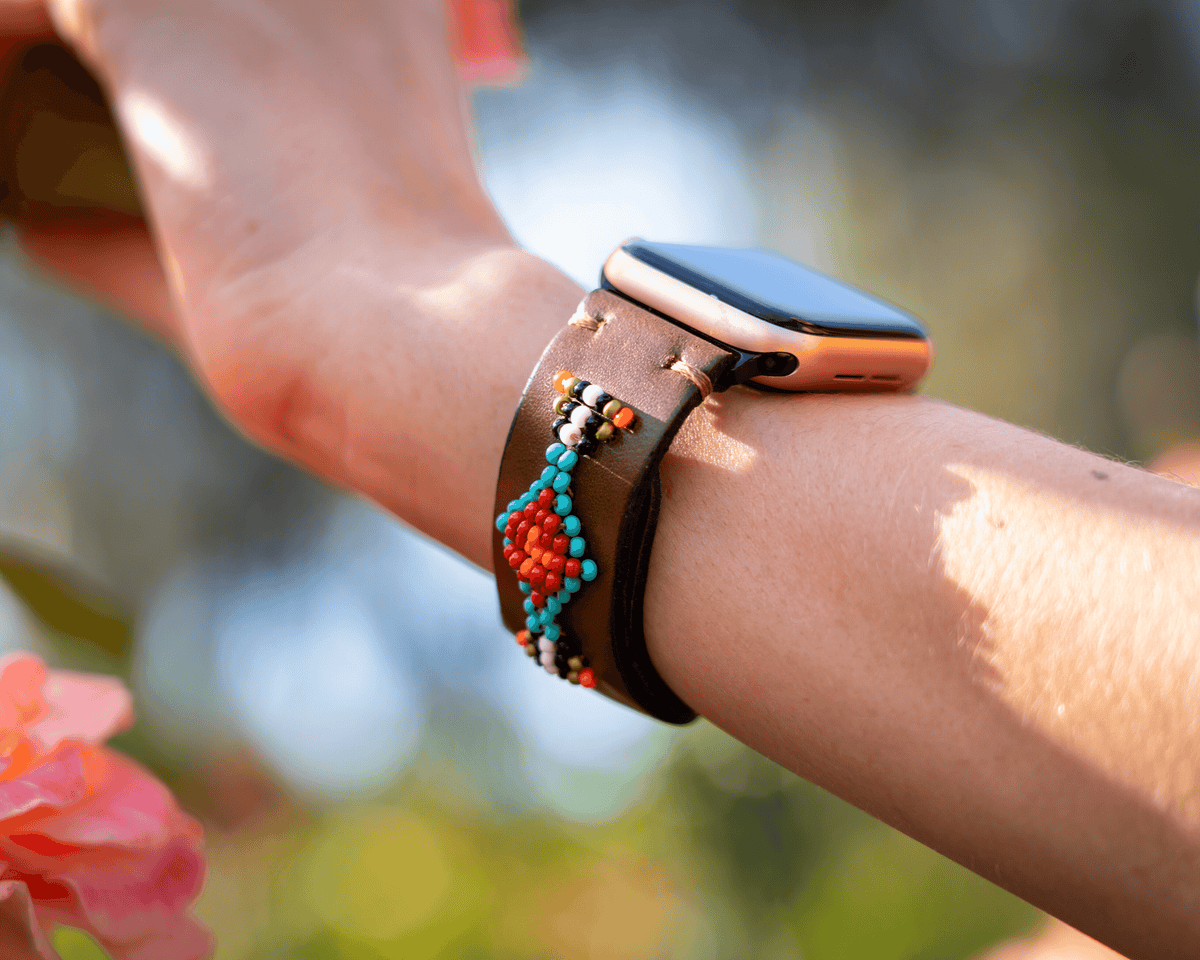 Colorful beaded leather Apple Watch band featuring a western design, perfect for stylish daily wear.
