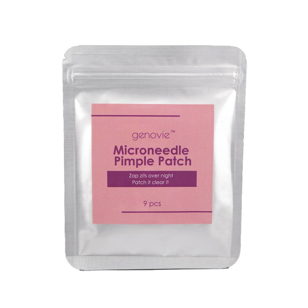 Silver pouch with a pink label featuring Microneedle Pimple Patch, highlighting 9 patches and the text 'Zap zits overnight'.