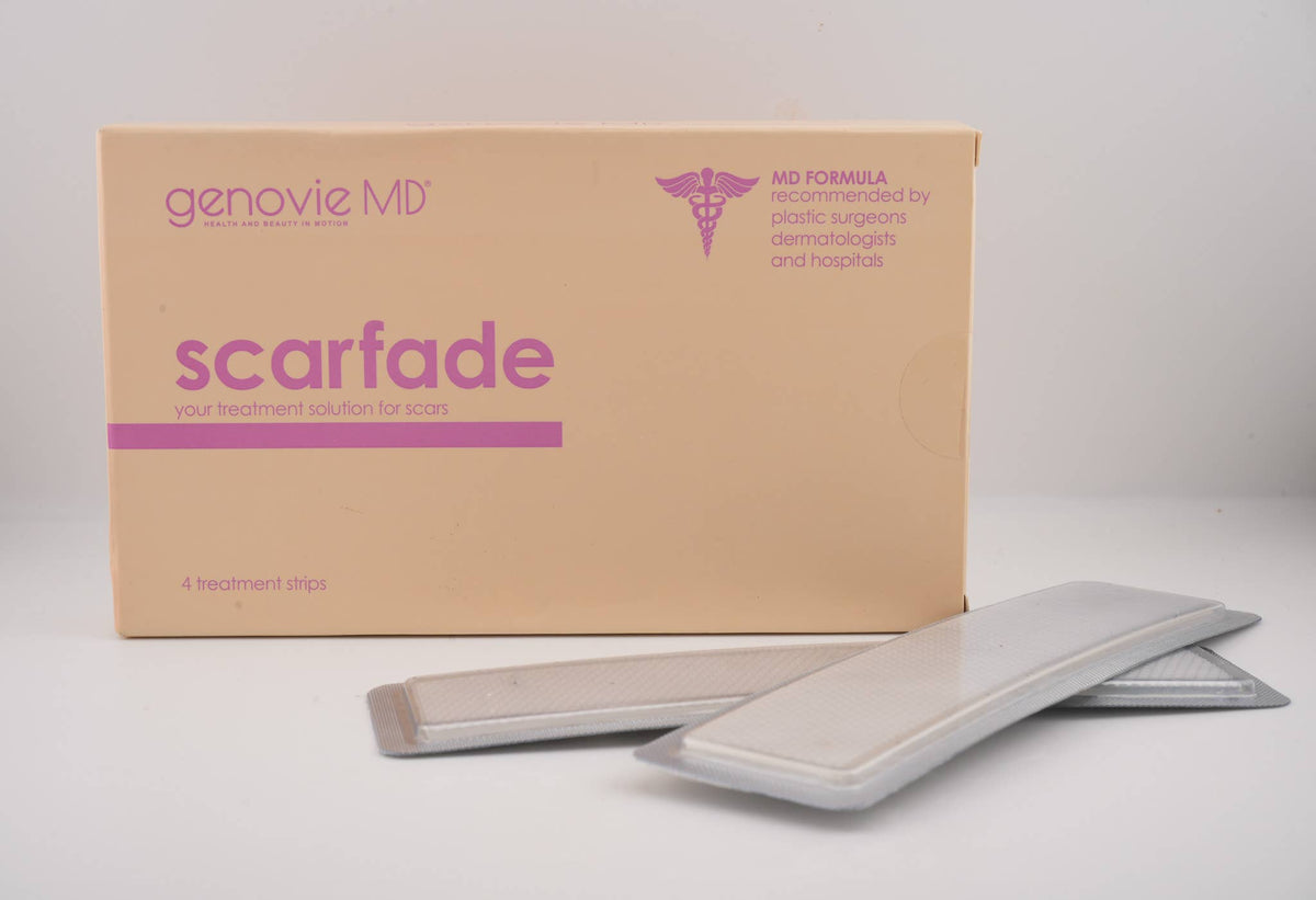 Four Scarfade silicone strips in clear packaging, designed to help fade scars from acne, burns, and surgeries.
