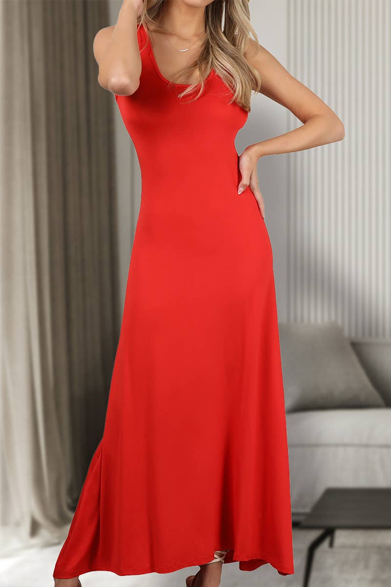 SLEEVELESS V-neck SOLID COLOR KNITTED LONG DRESS