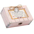 Wooden music box with rustic pink finish, heart locket, and art print about love and memories under glass.