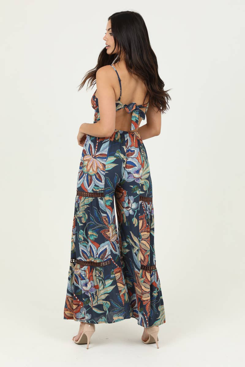 ANGIE - B5A99-FQ60 V NECK OPEN TIE BACK WIDE LEG WITH LACE INSET JUM