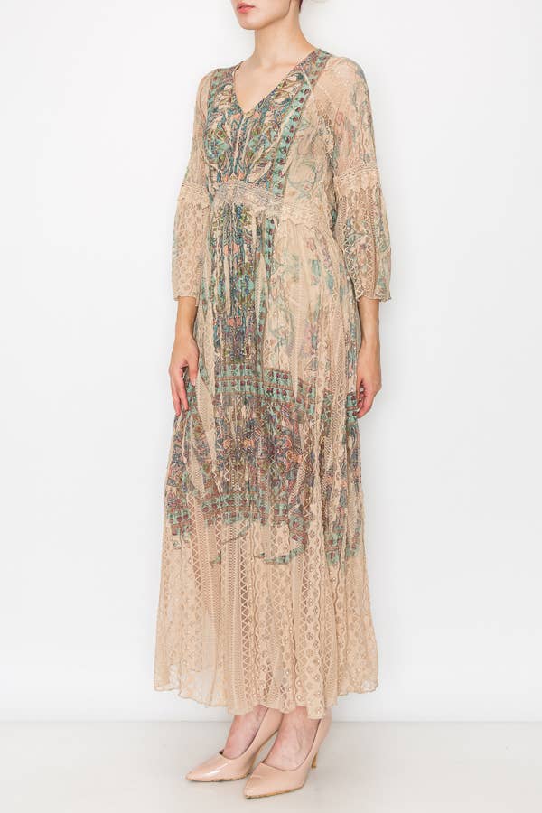 Origami Apparel ~  Lace and Crochet inspired - Romantic Lace Bell-Sleeved A-Line Midi Dress-4658 TP/TURQ