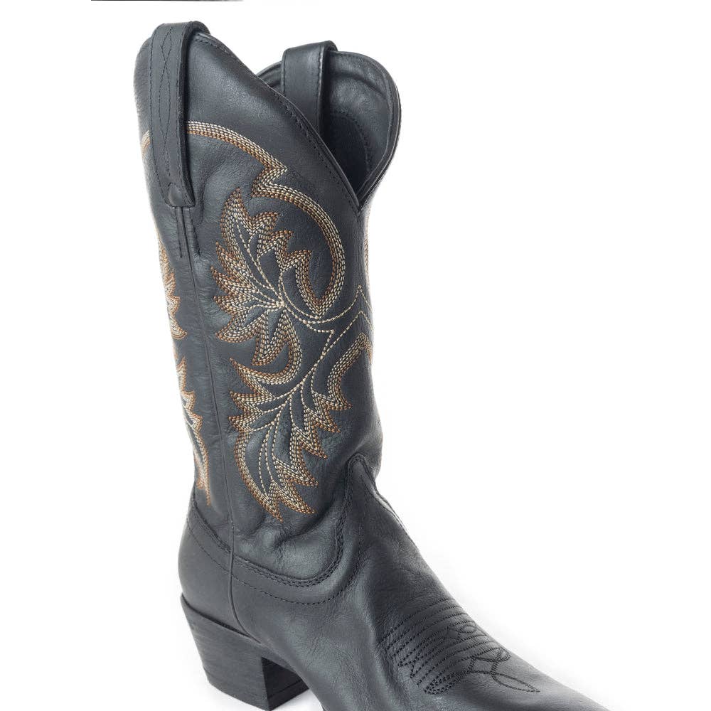 Dark blue leather Fresco boot with engraved designs, featuring a 12-inch shaft and a 1.97-inch heel.