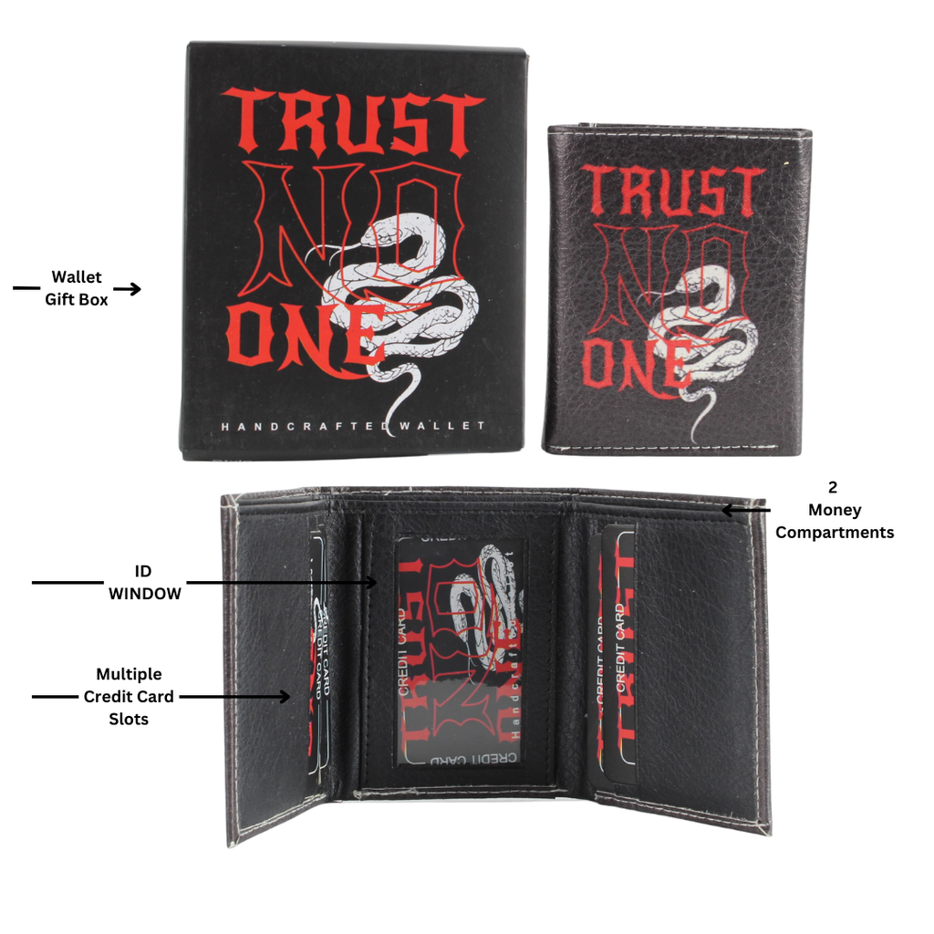 - Trust No One Print Vegan Leather Tri-fold Wallet