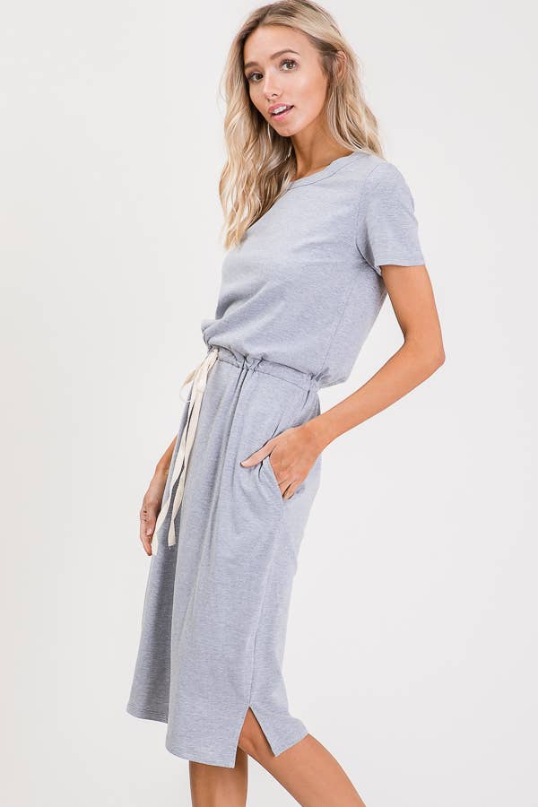 7th Ray - Everyday Drawstring Waist Side Pocket T-Shirt Dress D2465