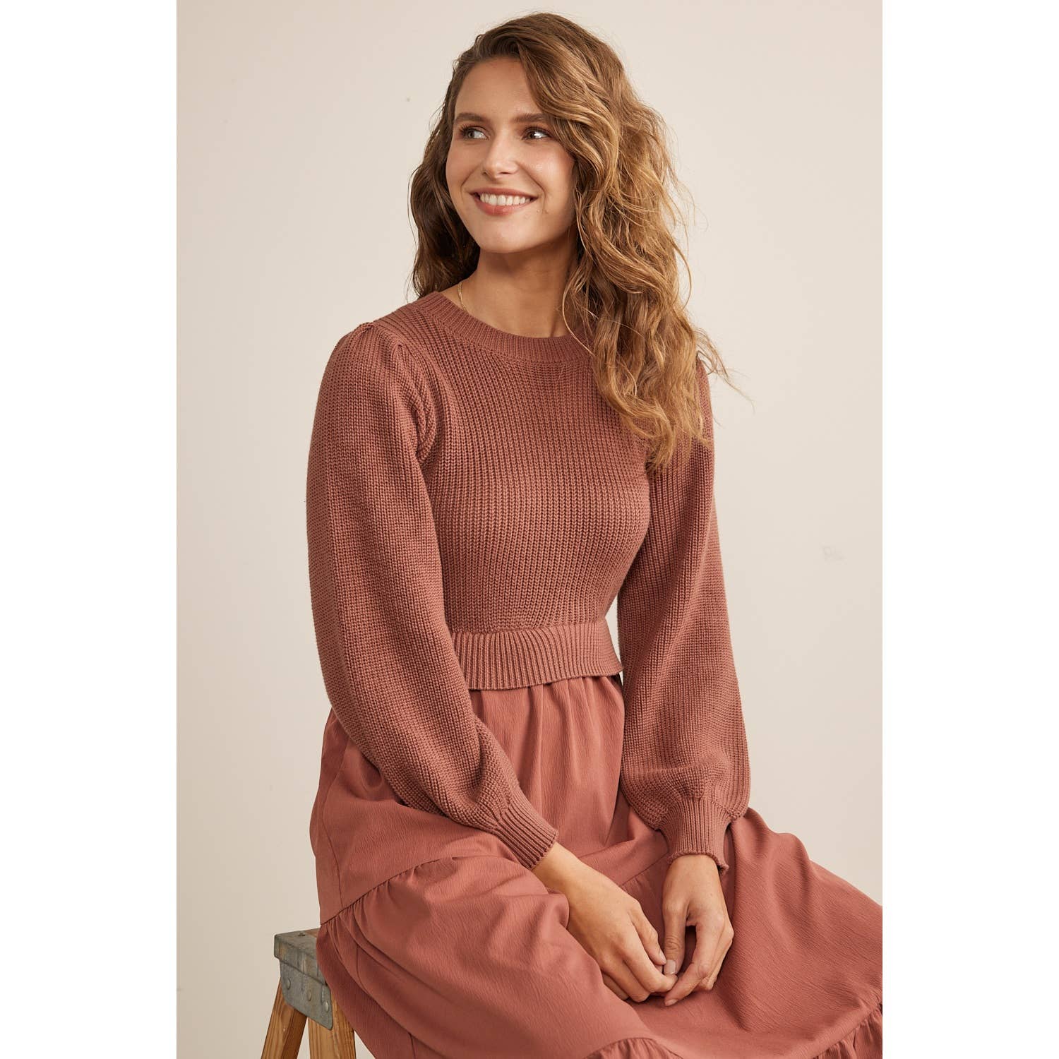 in february - SPECIAL MIXED MEDIA SWEATER MIDI DRESS WITH TIERED RUFFLES