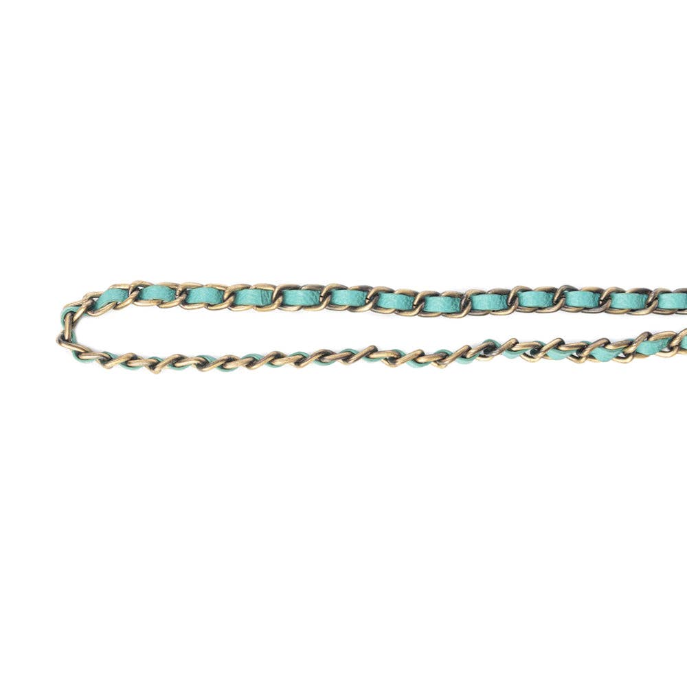 Teal and silver phone chain featuring twisted teal leather and smooth silver links, perfect for hands-free use.