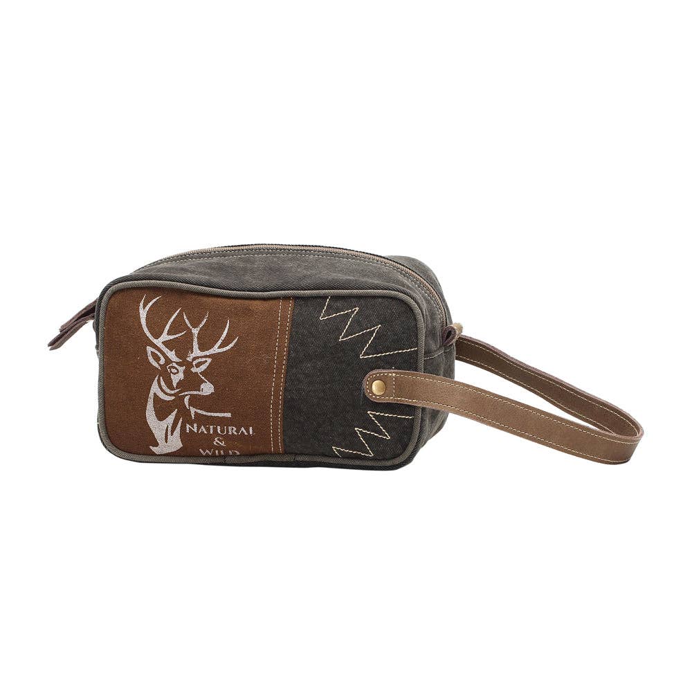 Wild Reindeer Shaving Kit featuring a wide mouth opening, secure zippered closure, and a stylish combination of dark gray and brown.