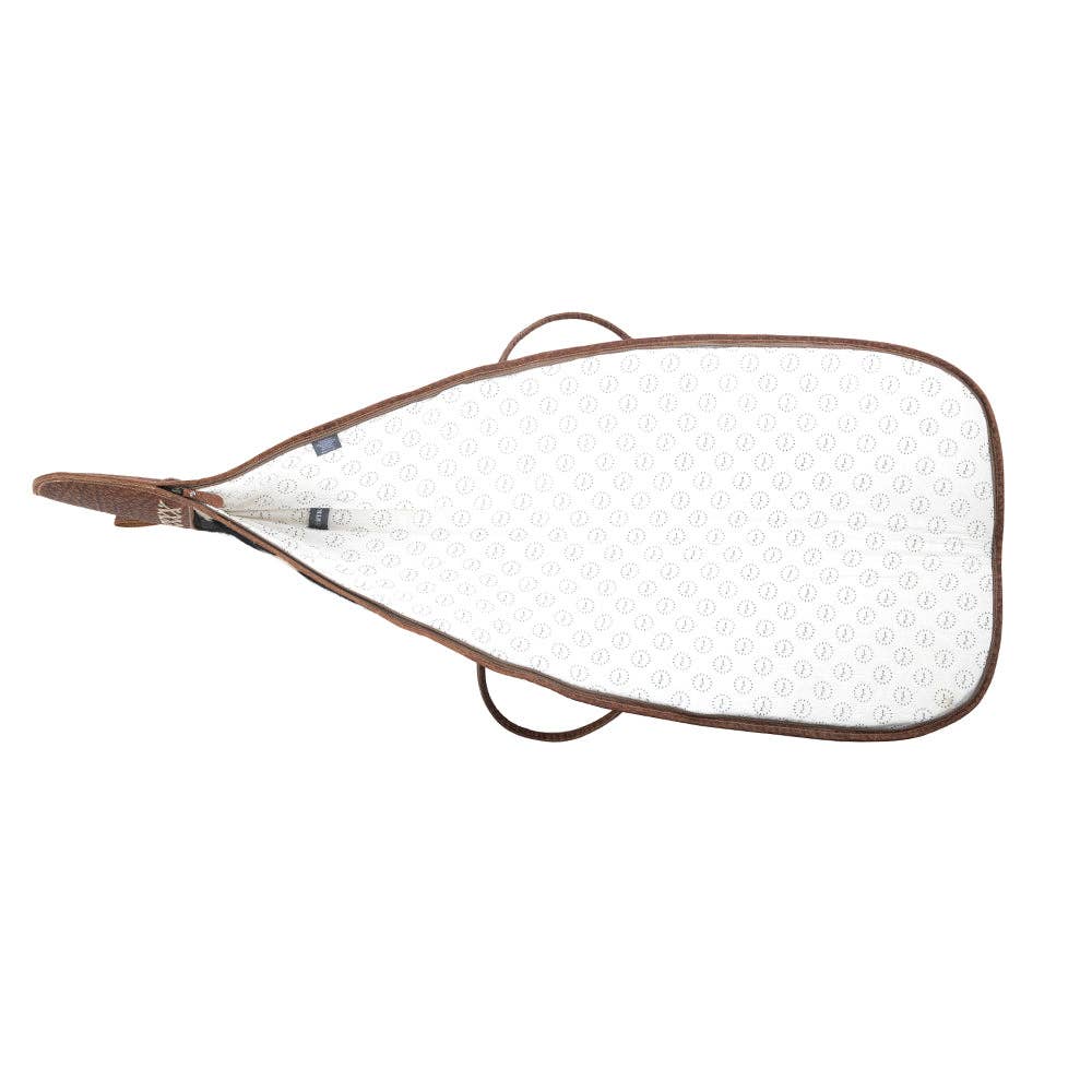 Gun case featuring a smooth brown exterior, dual top handles, and an adjustable strap, showcasing a light-colored patterned interior.